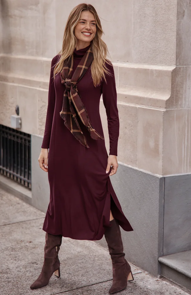 Ruched Turtleneck Midi Dress