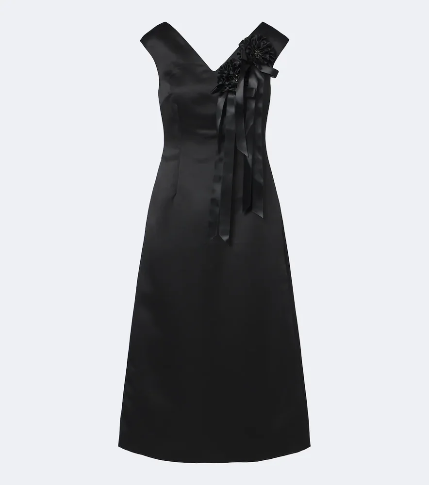 Floral-appliqué satin midi dress