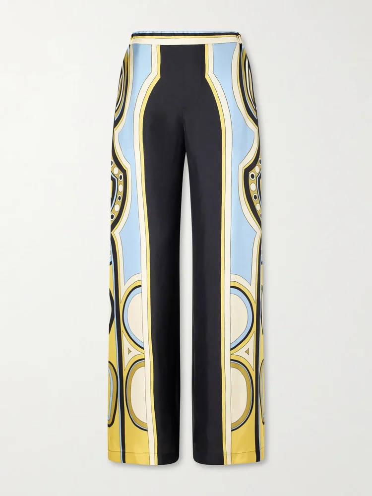 Club printed silk-twill wide-leg pants