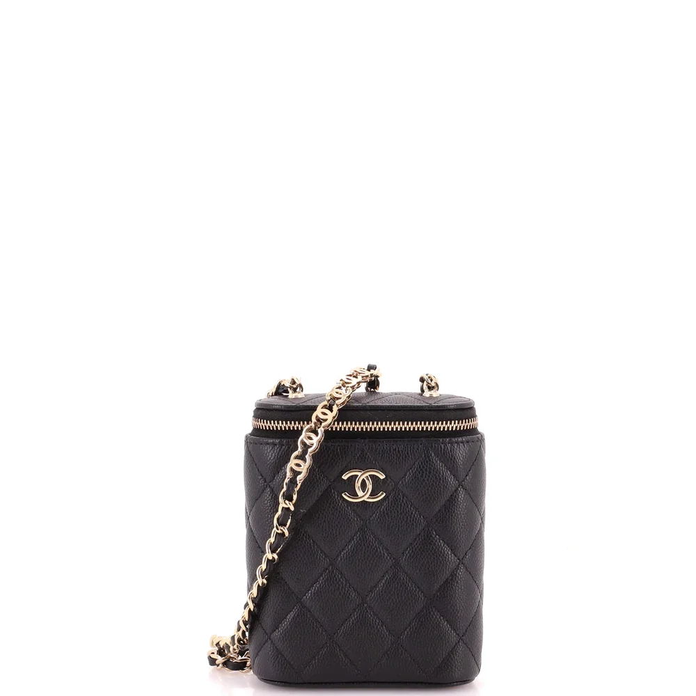 Vertical Tiny CC Link Vanity Case with Chain Quilted Caviar Small