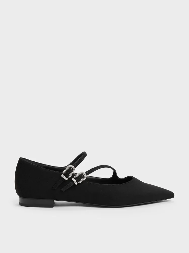 Faux Suede Crystal-Buckle Double-Strap Mary Janes, Black Textured