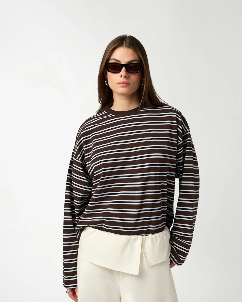 Boxy Oversized Striped Crew Neck Top, Espresso Baby Blue