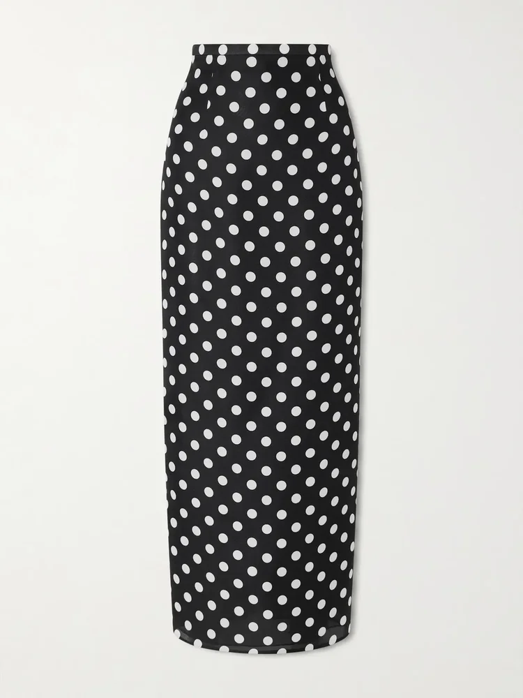 Khaite Winton Polka-Dot Silk Midi Skirt