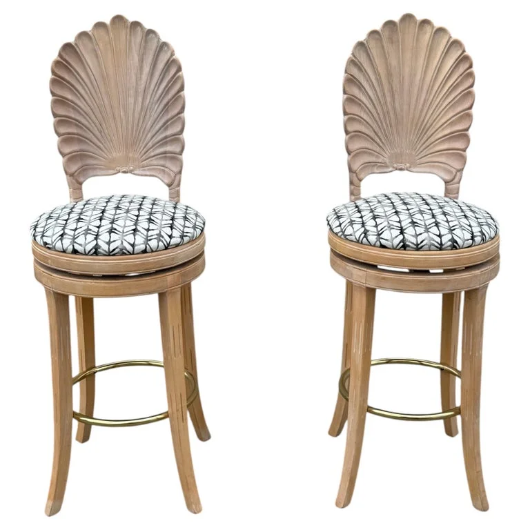 Pair of 1980s Venetian Grotto Style Scalloped Wood Shell Back Swivel Bar Stools