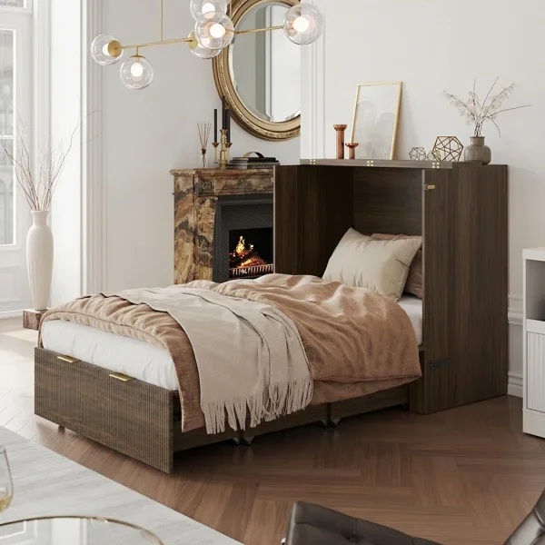 Twin Murphy Bed, Fluted Wood Cabinet with Storage Drawer and Charging Station