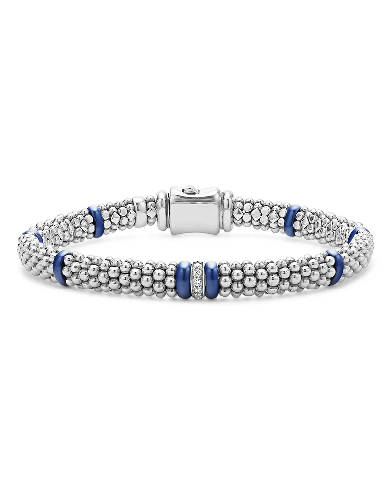 Single Station Diamond Blue Caviar Bracelet in Sterling Silver