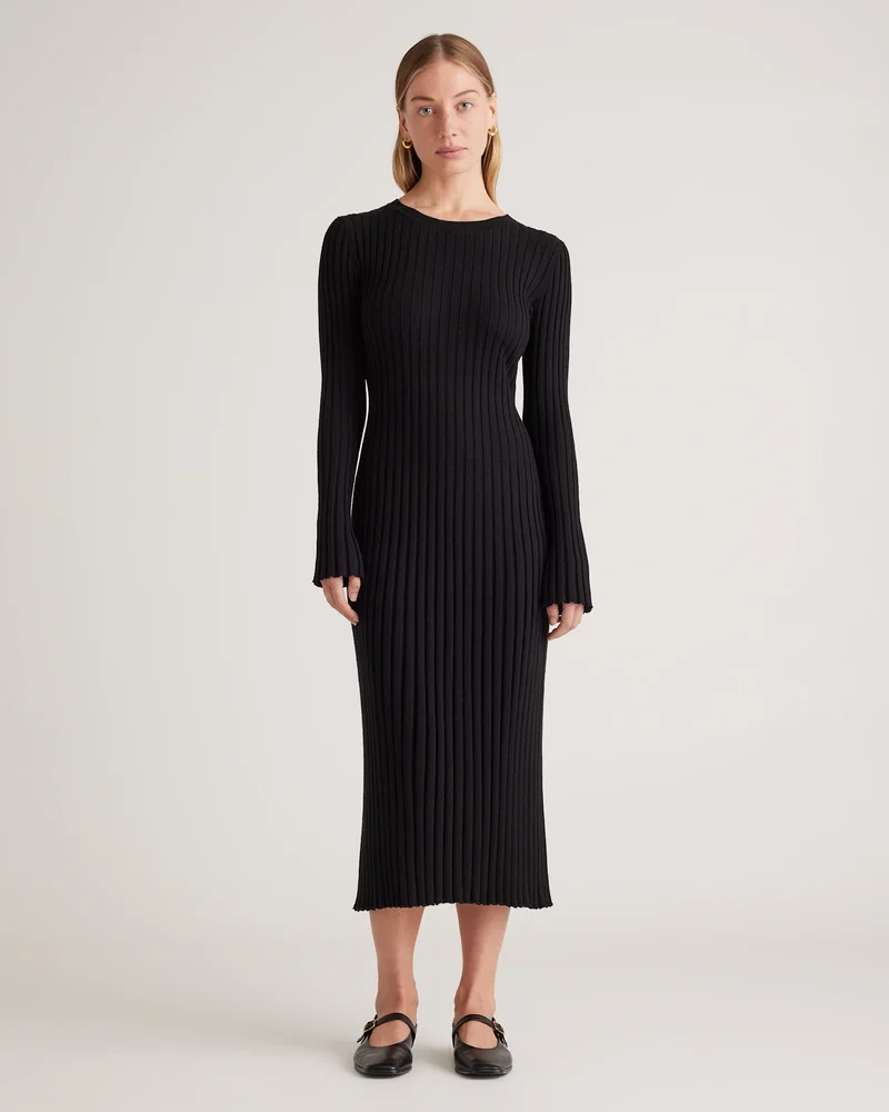 Cotton Cashmere Ribbed Long Sleeve Crew Midi Dress