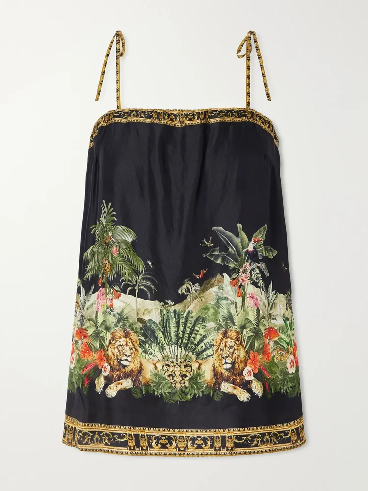Crystal-embellished printed silk-satin top