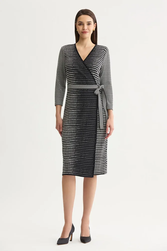 Monochrome Soft Knit Midi Wrap Dress