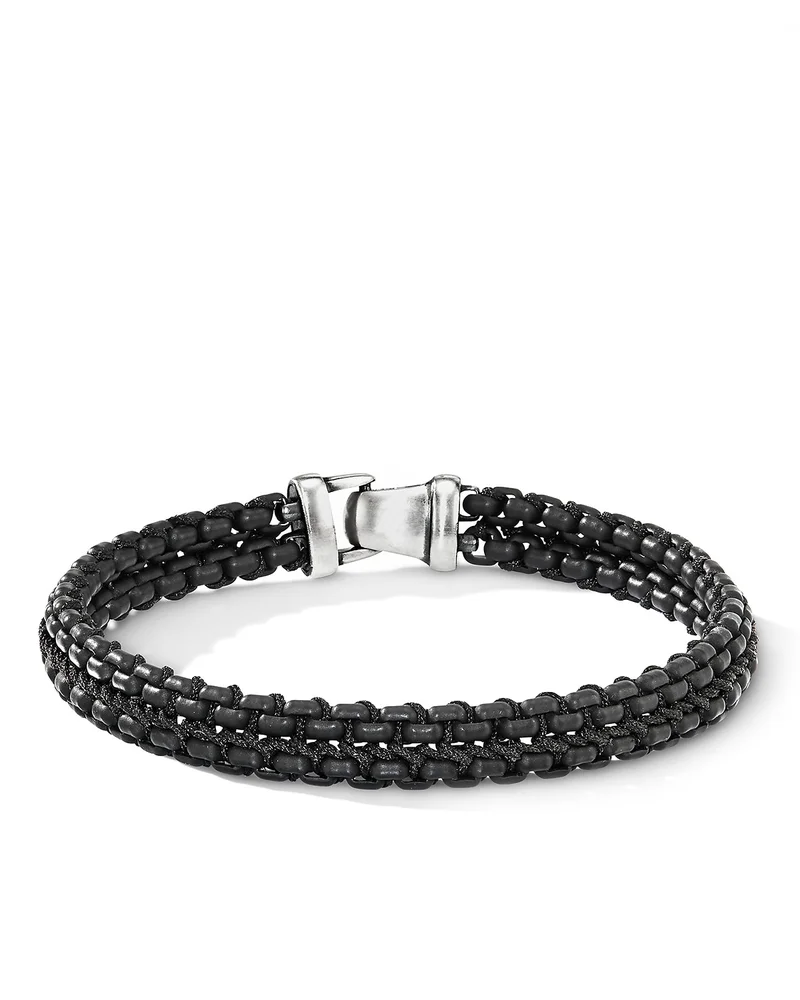 Men's Woven Box Chain Bracelet in Sterling Silver with Black Stainless Steel and Black Nylon, 10mm