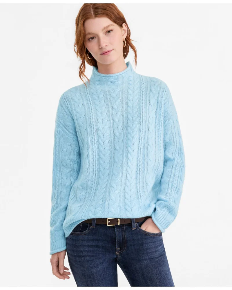 100% Cashmere Cable-Knit Funnel-Neck Pullover Sweater