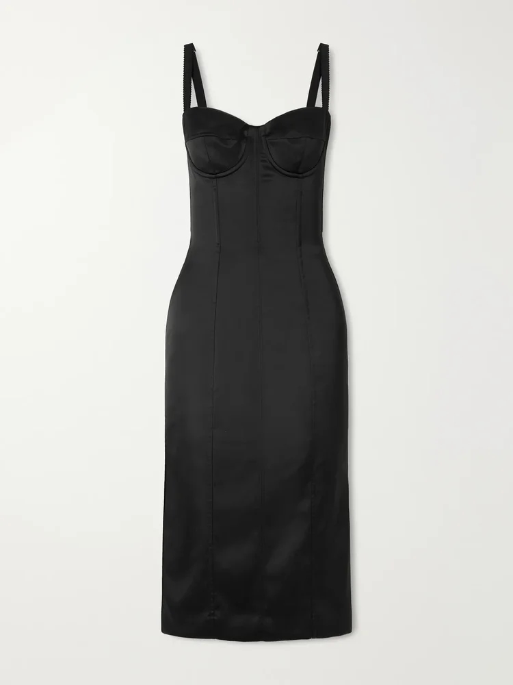 paneled satin bustier midi dress