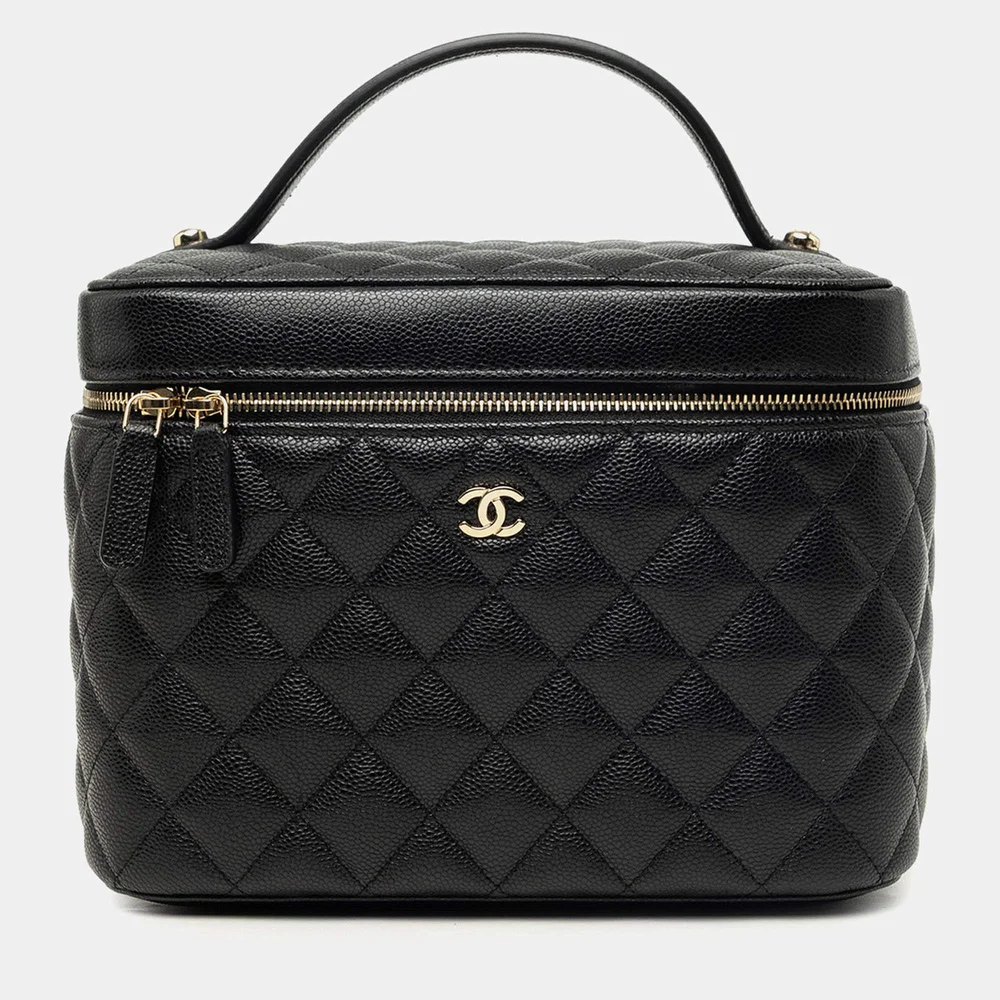 Medium CC Quilted Caviar Vanity Case Black Grained Calfskin Leather Cosmetic Bag