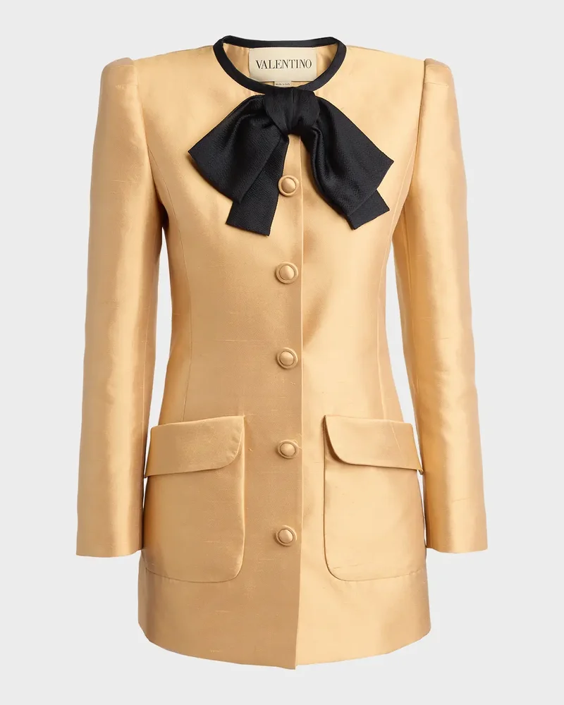 Bow-Neck Mikado Silk Single-Breasted Coat