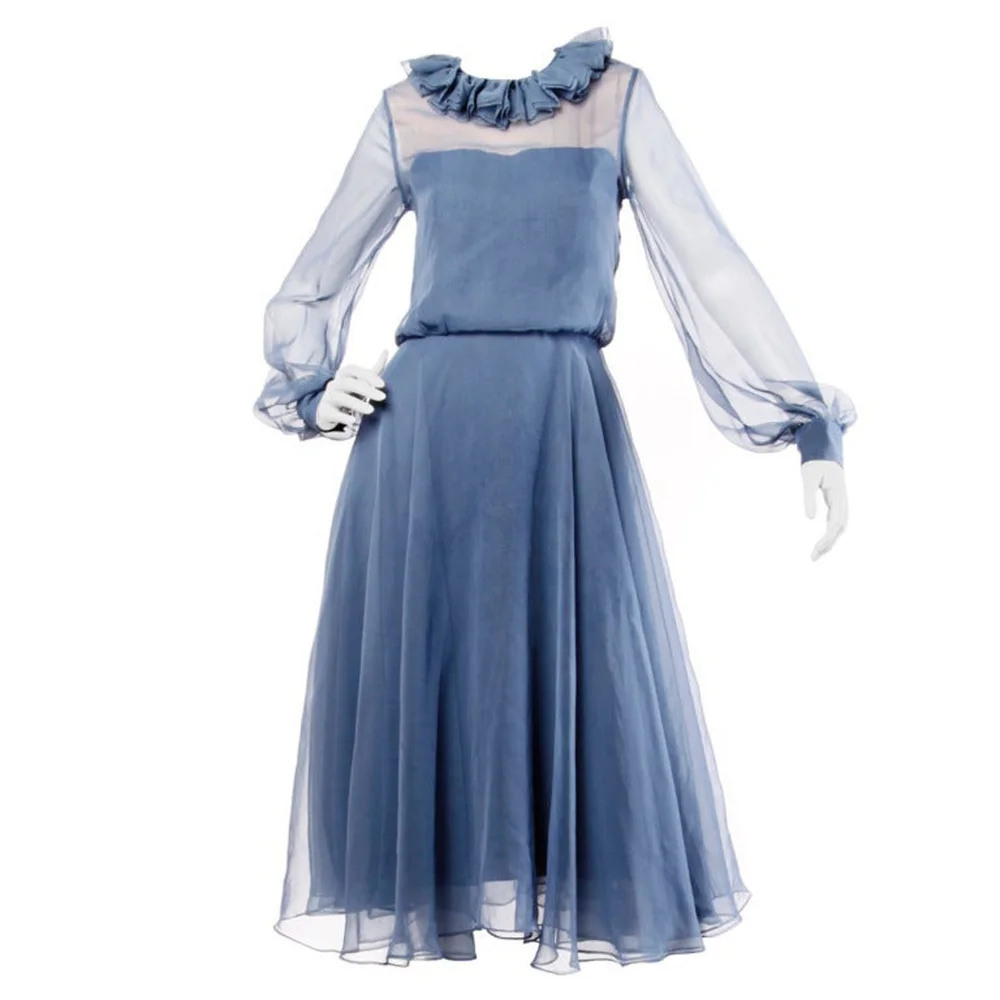 Richilene for Elizabeth Arden 1970s Blue Sheer Silk Midi Dress