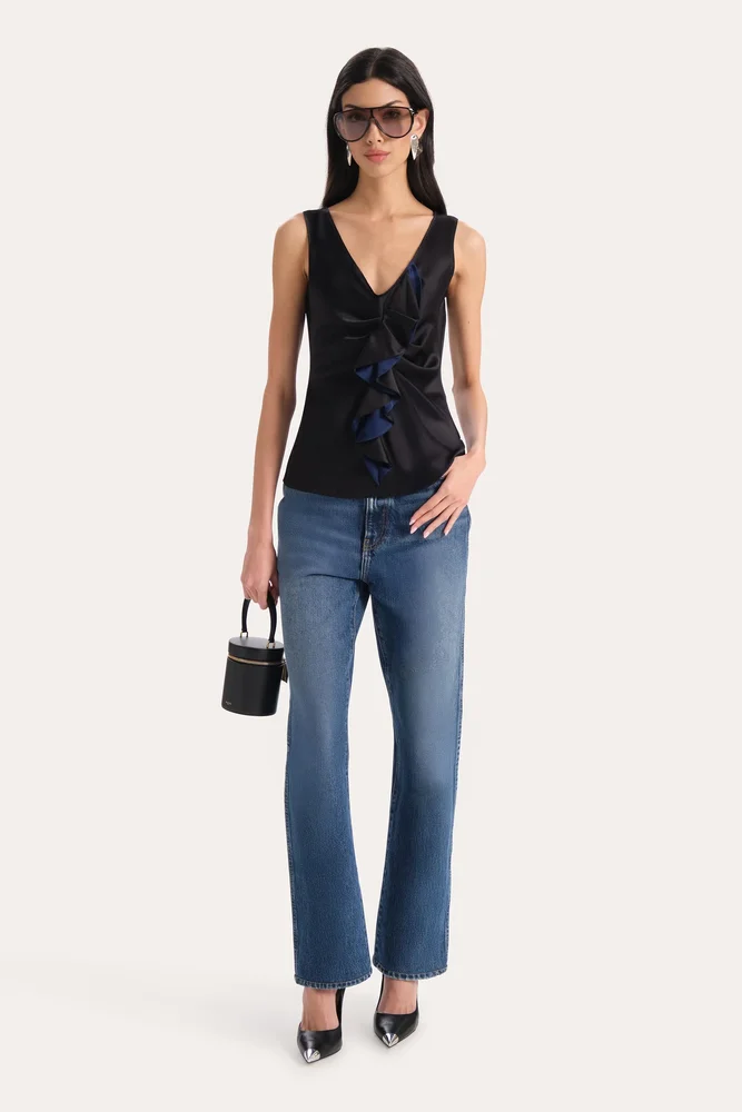 Silk Satin Sleeveless Ruffle Top