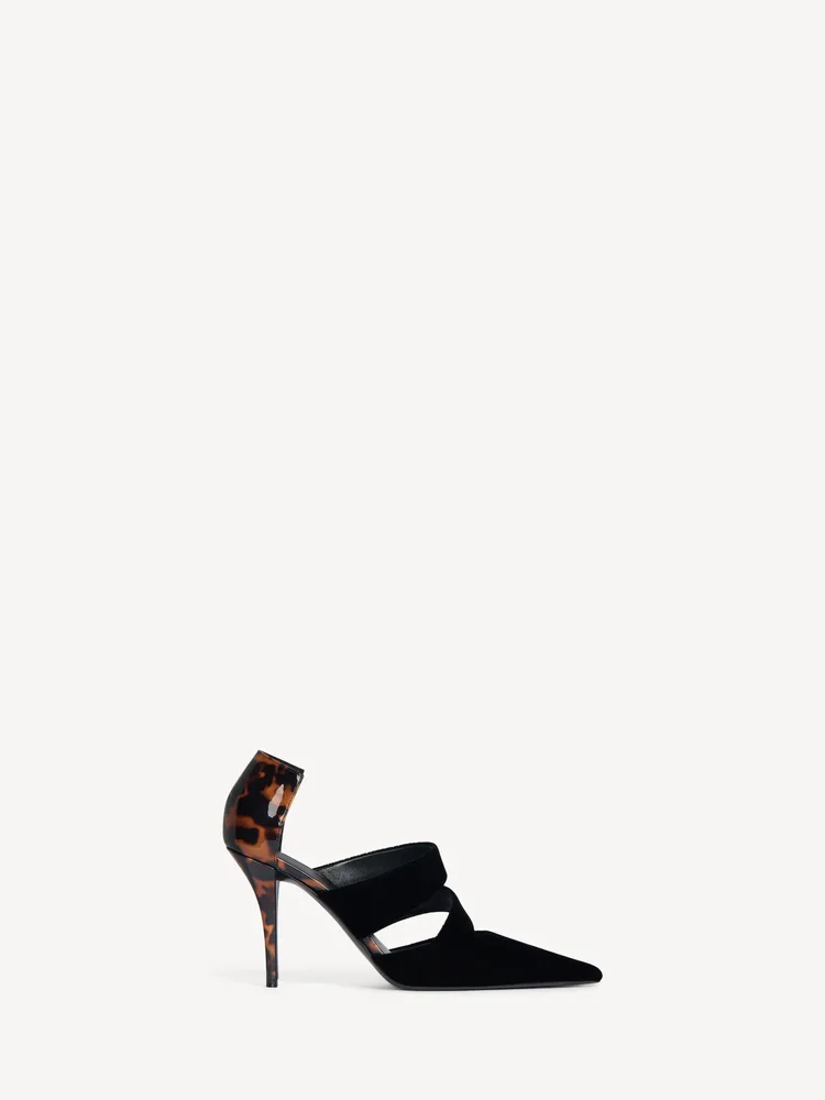 Velvet and printed patent leather pumps