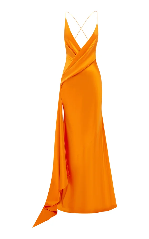 Bikini Wrap Asymmetric Gown W/ Sash In Silk Satin