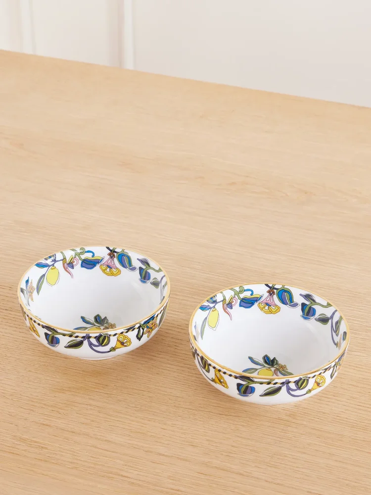 Set of two gold-plated porcelain snack bowls