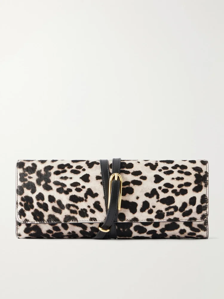 Belted leopard-effect calf hair clutch