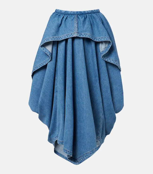 Asymmetrical denim midi skirt