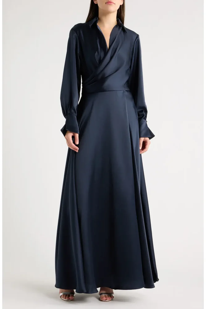 Spread Collar Long Sleeve Satin Gown