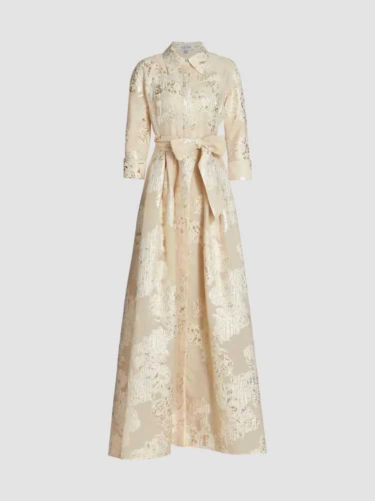 Three-Quarter Sleeve Metallic Jacquard Shirt Waist Gown