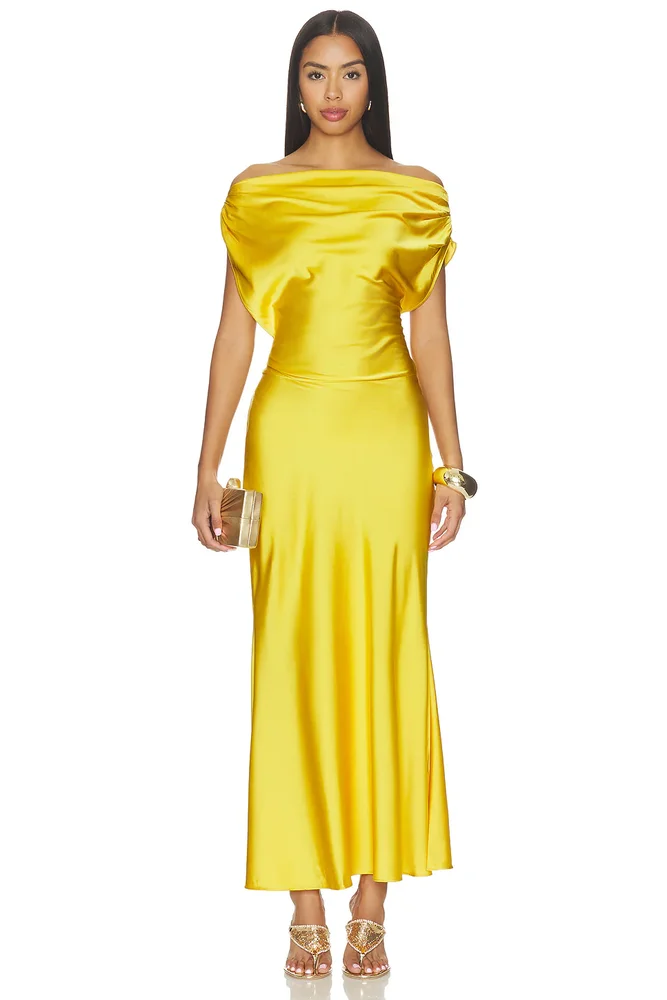 Leni One Shoulder Satin Maxi Dress - Yellow