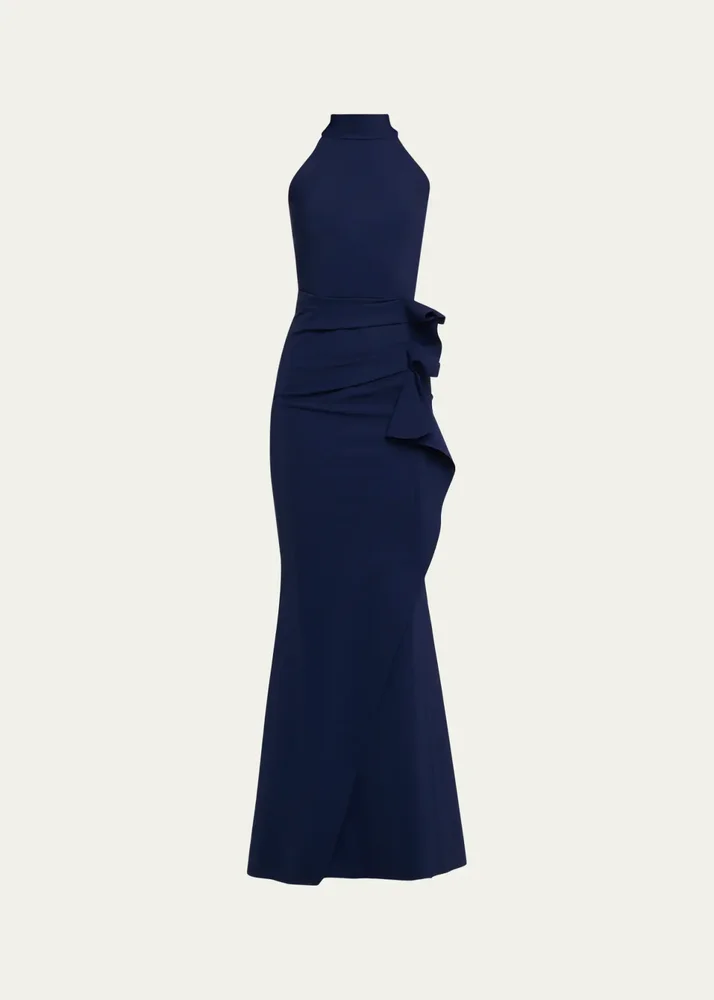 Side Ruched Halter Gown with Asymmetric Ruffle