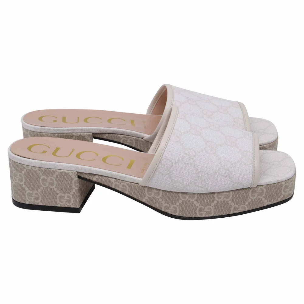 Pre-Owned GG Supreme Monogram Malaga Platform Mules in White Canvas