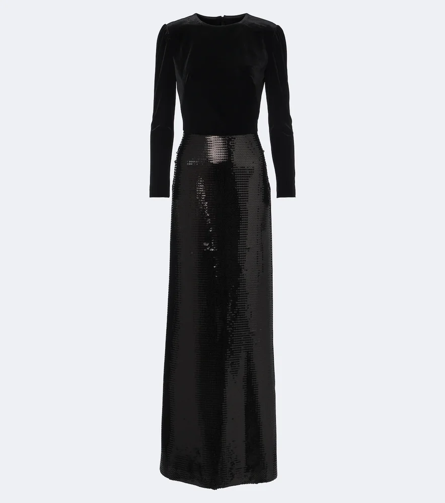 Sequined velvet-paneled gown