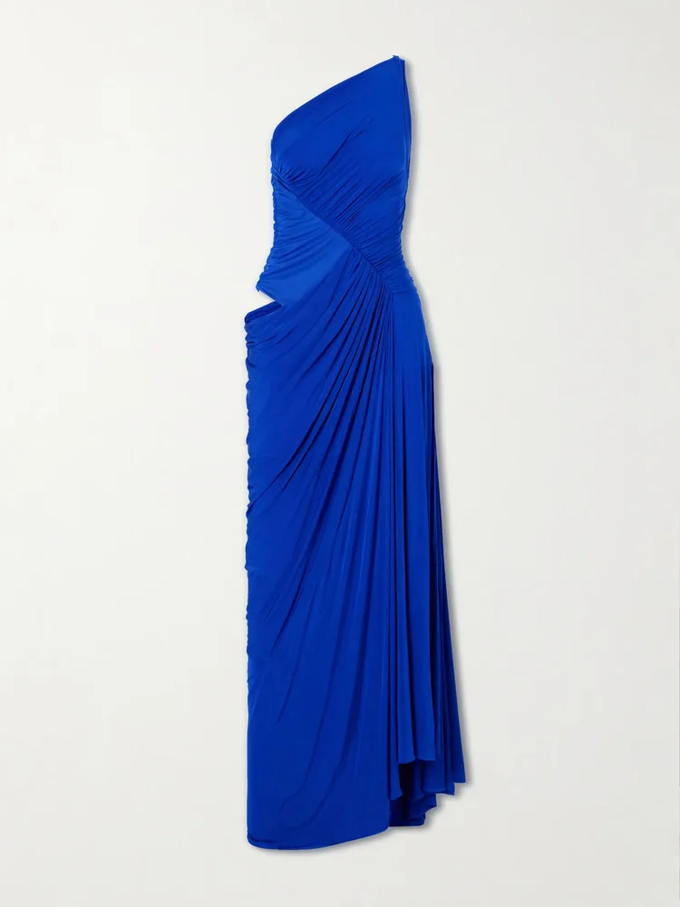 One-shoulder gathered mesh and jersey gown