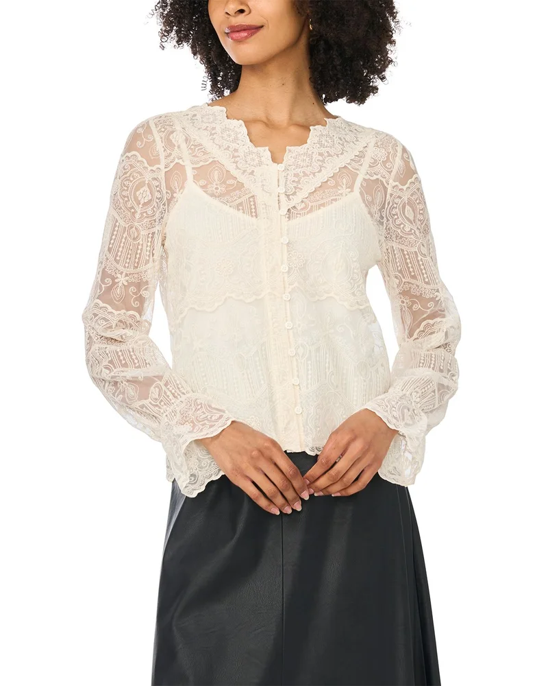 Lace V Neck Long Sleeve Blouse
