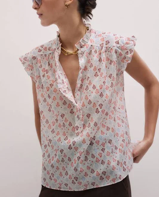 ME+EM Cotton Geo Leaves Print Top Light Cream-multi Women's
