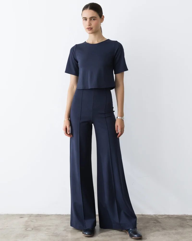 Navy Ponte Knit Long Wide Leg Pant