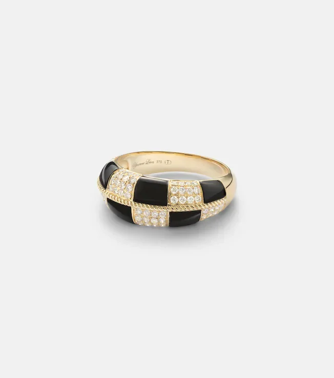 Alliance Damier 9kt gold ring with diamonds and onyx