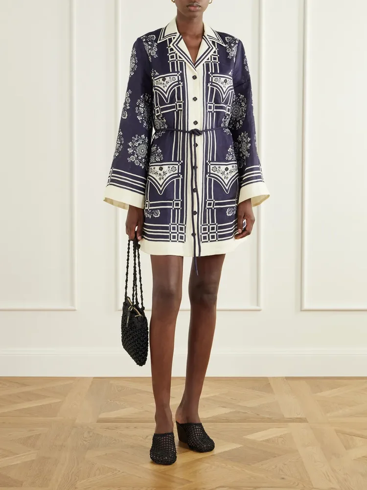 Banderra belted printed linen mini dress