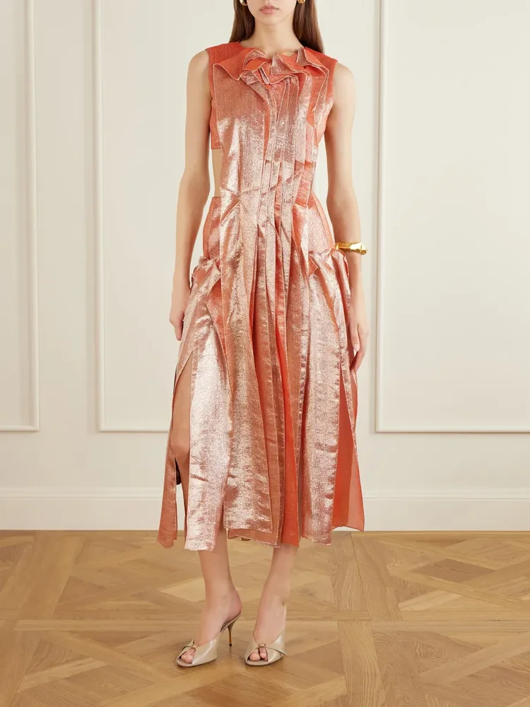 Trailblaze ruffled metallic brocade gown