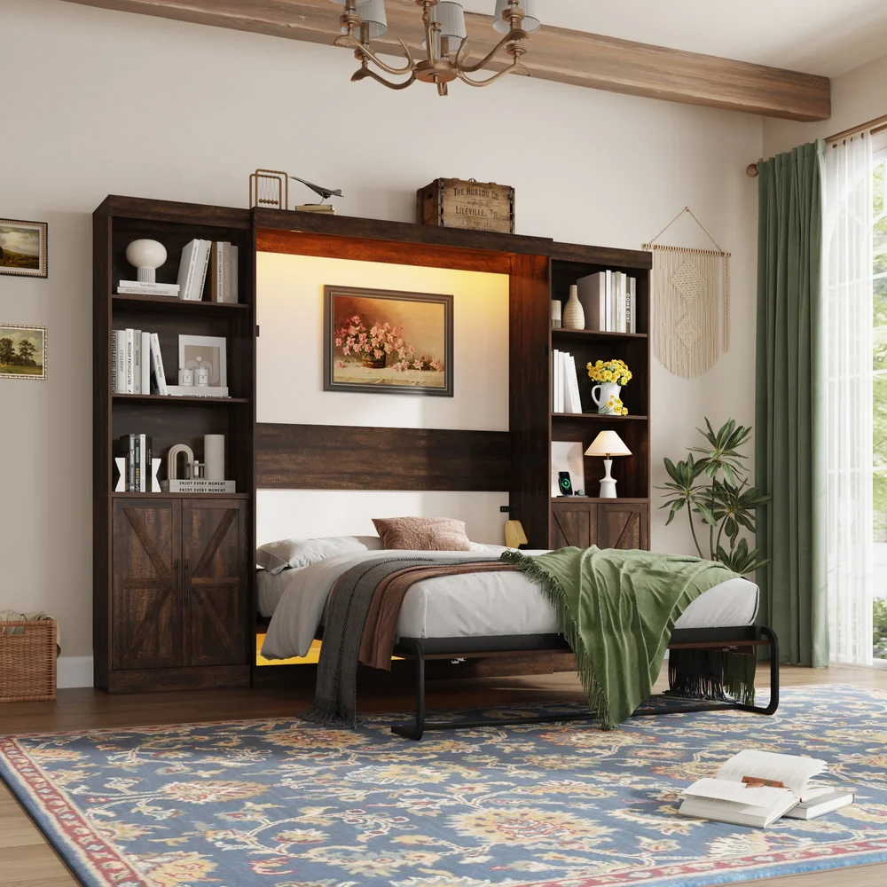 Queen Murphy Bed with 2 Side Storage Cabinets, LED Lights and Charging Station