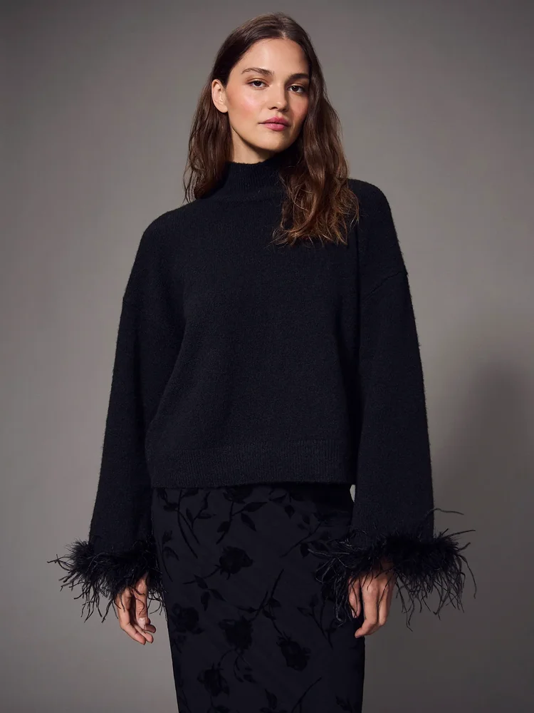 Feather Trim Mock Neck Sweater Black
