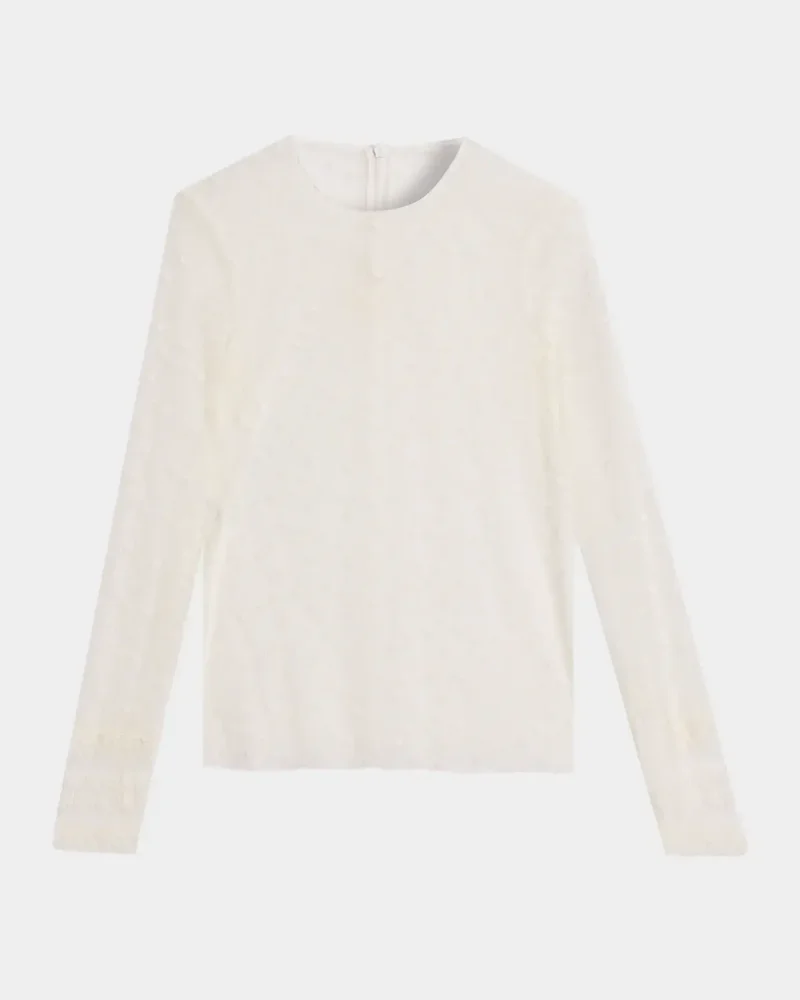Lace-Trim Dotted Tulle Long-Sleeve Blouse