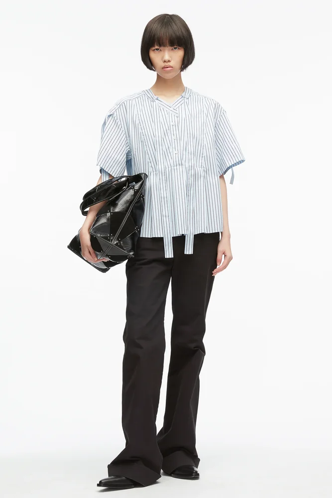 Stripe Poplin Tie Neck Blouse