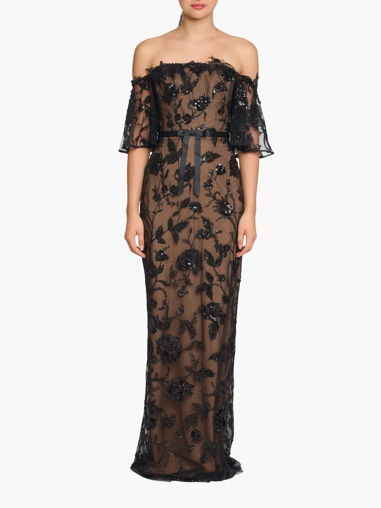 Illusion Murals Off The Shoulder Beaded Illusion Column Gown