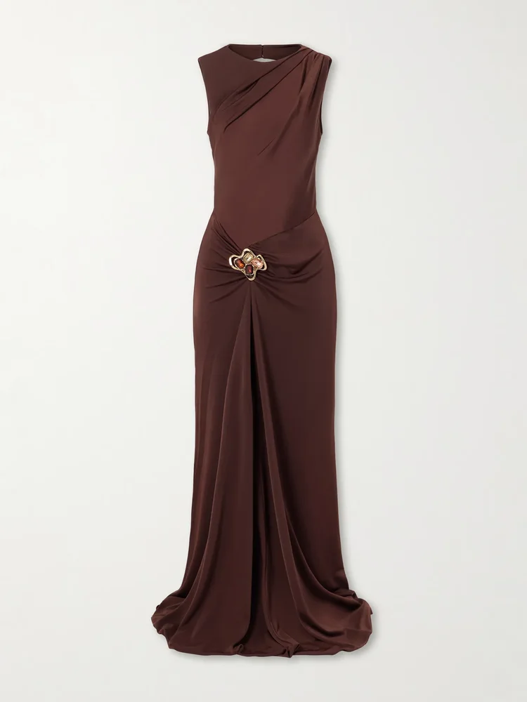 Hazine open-back ruched embellished jersey gown