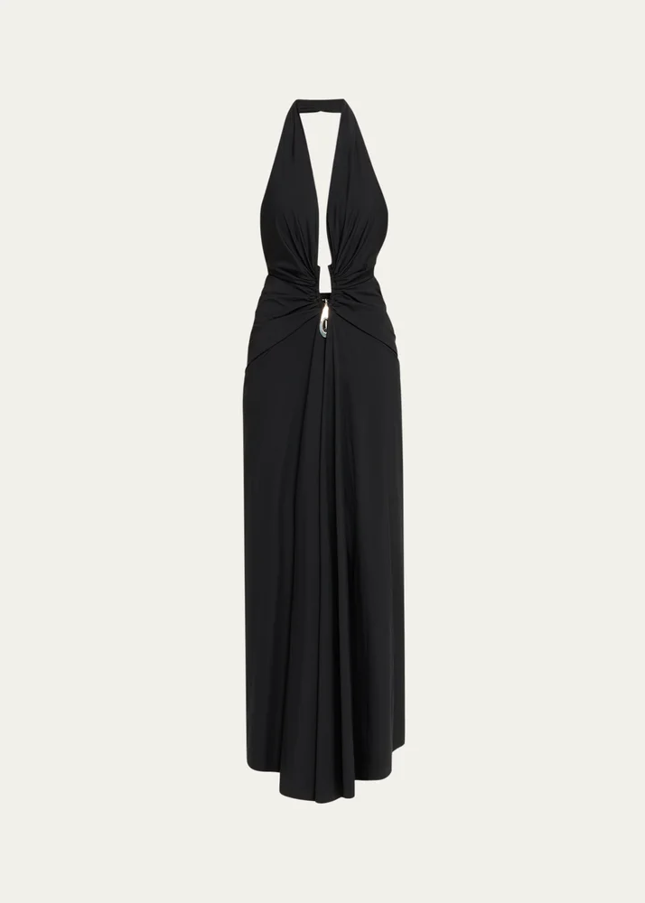 Crystal Pendant Plunging Halter Maxi Dress