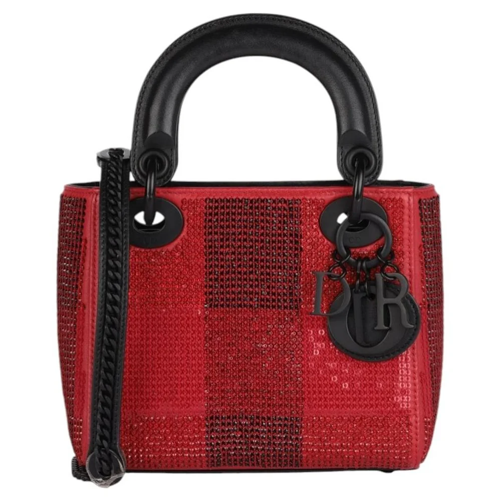 Pre-Owned Very Good Black and Red Check Embellished Lambskin Mini Lady Dior