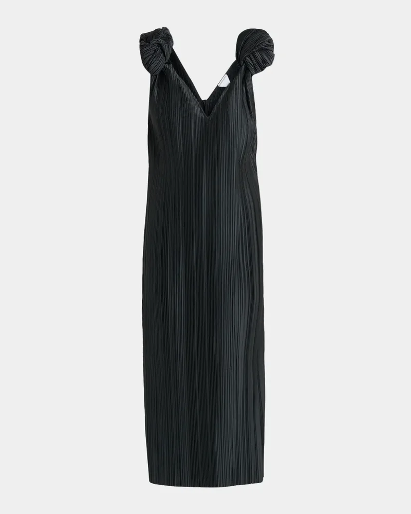 Techno Double Satin Plisse Knotted Sleeveless Midi Dress