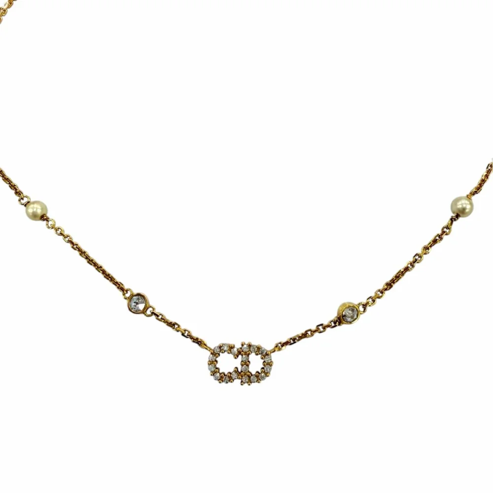 Pre-Owned Pendant Necklace Gold with Eco Pearl and Rhinestone