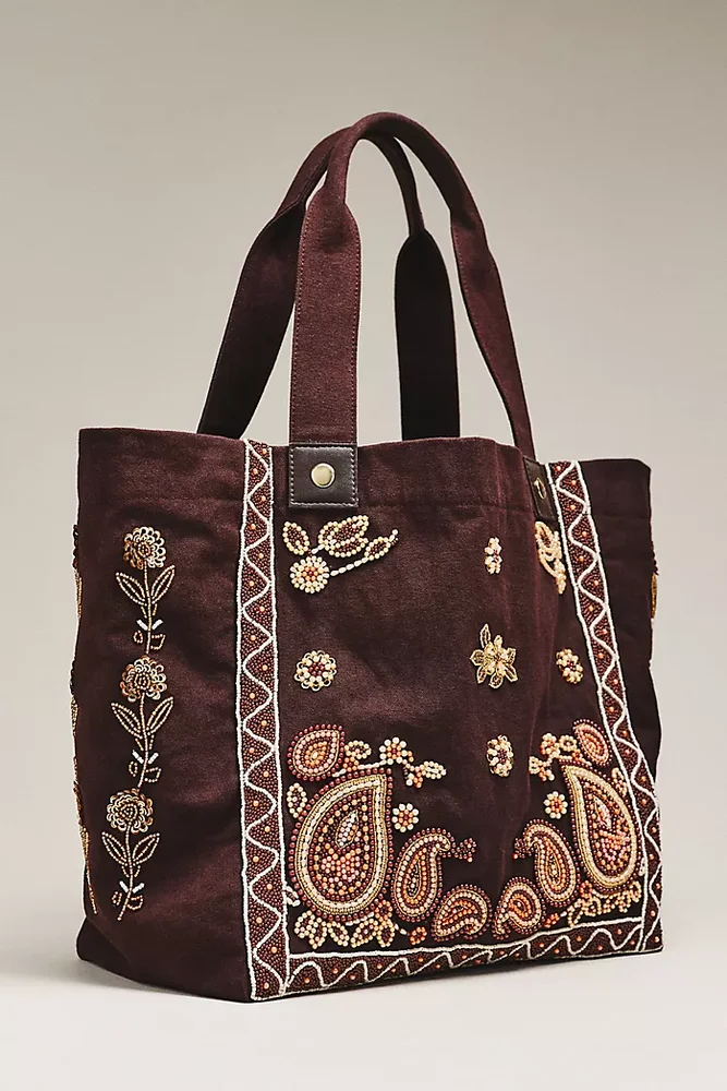 anthropologie By Anthropologie Beaded 100% Cotton Canvas Tote Bag
