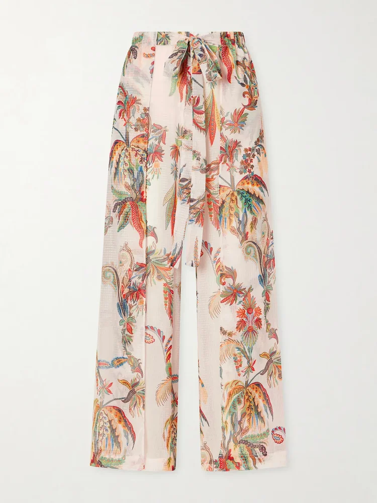 belted tiered paisley and floral print satin wide leg pants